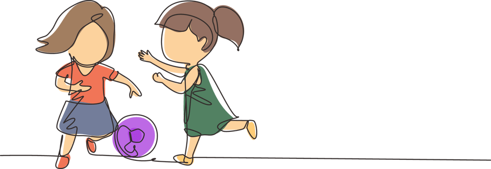 Continuous one line drawing girls playing football together. Two happy little kids playing sport at playground. Smiling children kicking ball by foot between them. Single line design graphic png