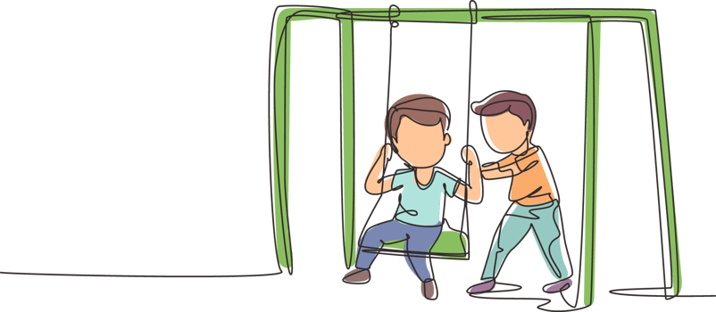 Single continuous line drawing cute little boy swinging on swing and his friend helped push from behind. Happy preschool kids friends playing together outside. Dynamic one line graphic design png