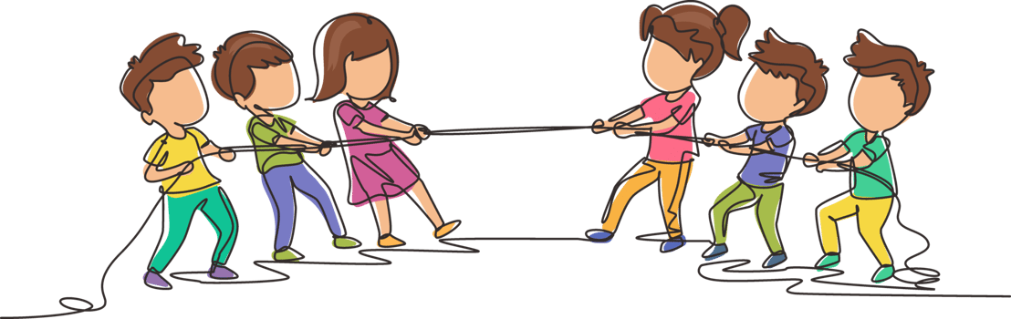Continuous one line drawing group of children playing tug of war. Kids playing tug of war at park. Girls and boys pull rope, outdoor child games. Single line draw design graphic illustration png