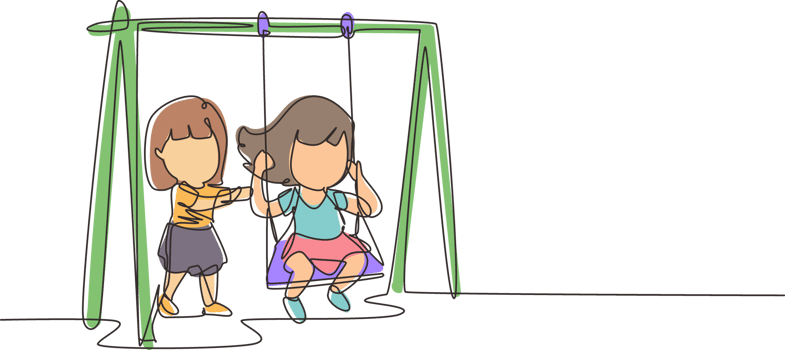 Single continuous line drawing little girl swinging on swing and her friend helped push from behind. Kids playing swing together in public park playground. One line graphic design illustration png