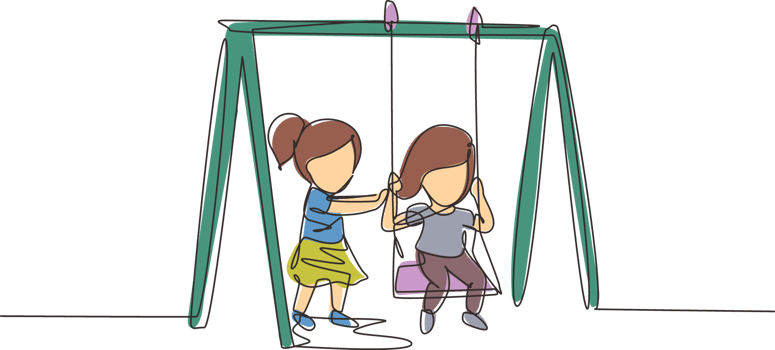 Single one line drawing cute little girl swinging on swing and her friend helped push from behind. Kids playing swing together in kindergarten playground. Continuous line draw design graphic png