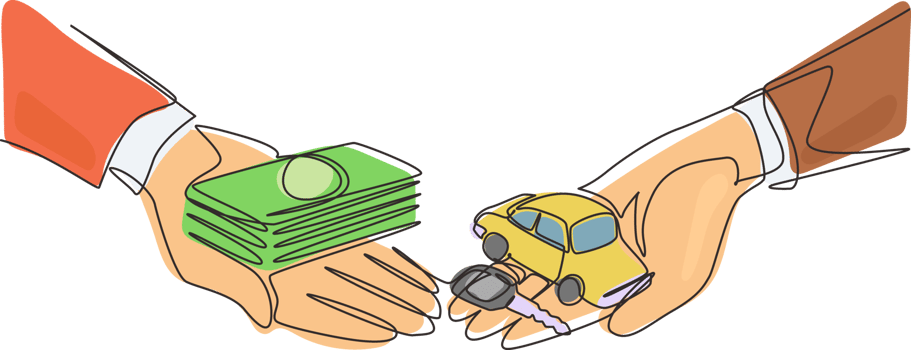 Single continuous line drawing buying or renting car. Car and money holding in hand. Hand of car salesman manager and customer holding car and money. One line draw graphic design illustration png