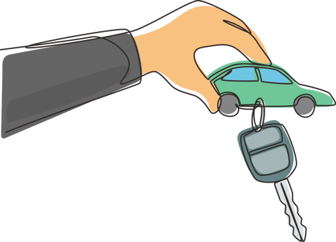 Single one line drawing man handing over keys. Car rental for sale. Hand holding car key with alarm keychain. Hand of car salesman manager holding key. Continuous line draw design graphic png