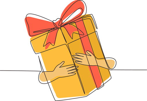 Continuous one line drawing man holds big gift box with ribbon and bow. White box wrapped with ribbon. Decorative gift or cardboard box with bow. Single line draw design graphic illustration png