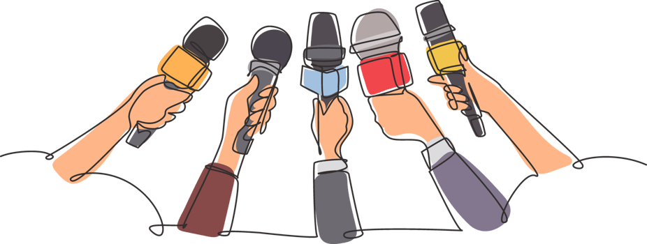 Single one line drawing interview concept with microphones on white background. Newsmakers and interviewers. Different tv signs. Hands holding devices. Continuous line draw design graphic png