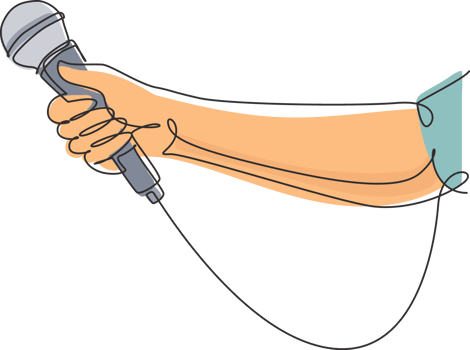 Single continuous line drawing female hand with microphone, on white background. Reporter television tv news holding microphone in her hand. Dynamic one line draw graphic design illustration png