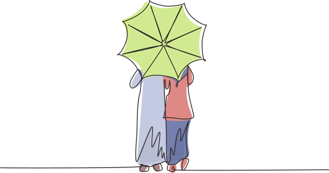 Single one line drawing back view young Arabian couple man woman, girl and boy walking holding umbrella under rain. Romantic couple at rainy autumn weather. Continuous line draw design graphic png