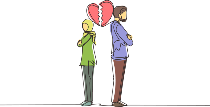 Single continuous line drawing divorced Arabian couple or couples are angry. Relationship break up, broken heart, couple facing opposite direction. One line draw graphic design illustration png