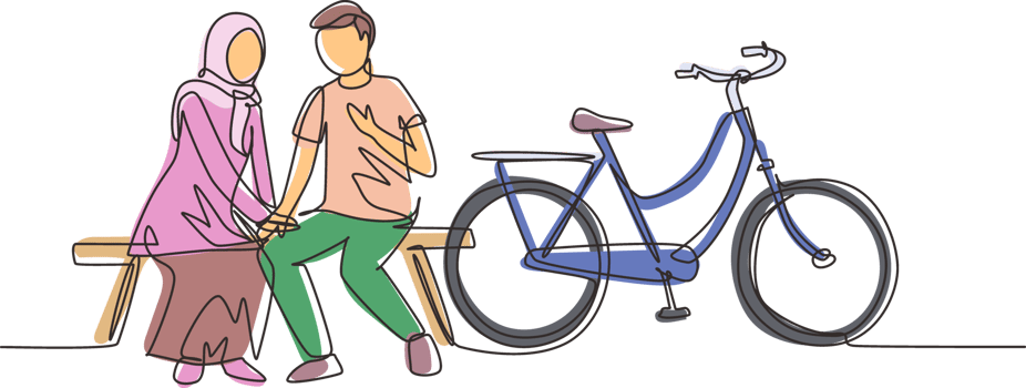 Continuous one line drawing romantic Arabian couple chatting while sitting on bench. Romantic teenage couple ride bike. Young man and woman in love. Single line draw design graphic illustration png