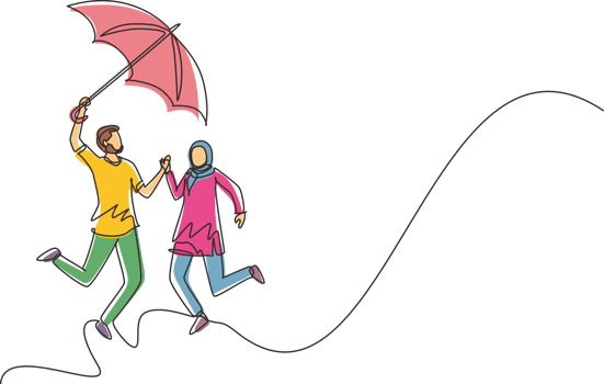 Single continuous line drawing Arabic couple in love walking under rain with umbrella. Man and woman walking along city street and jumping. Married couple romantic relationship. One line draw graphic png