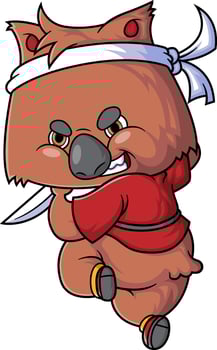 cartoon cute quokka fighter holding sword in action vector