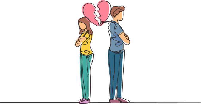 Single continuous line drawing divorced couple or couples are angry. Relationship break up, broken heart, couple facing opposite direction. Dynamic one line draw graphic design illustration png