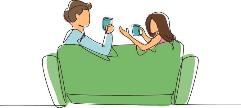 Single one line drawing back view romantic couple sitting at sofa, talking and drinking coffee. Man and woman have relaxing day off. Stay at home. Modern continuous line draw design graphic png