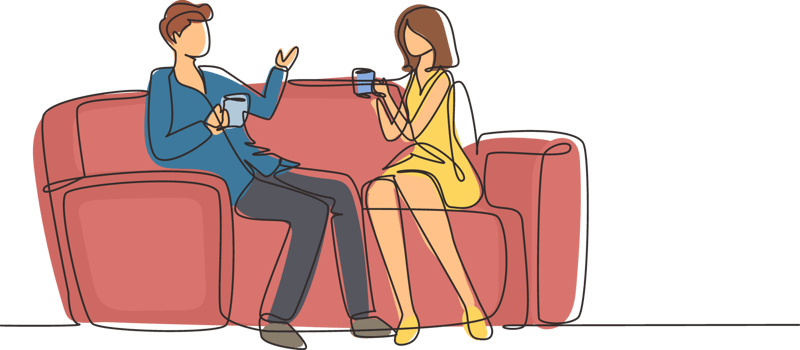 Single one line drawing romantic couple sitting at sofa, talking and drinking coffee. Man and woman living together in apartment Romance and love concept. Continuous line draw design graphic png