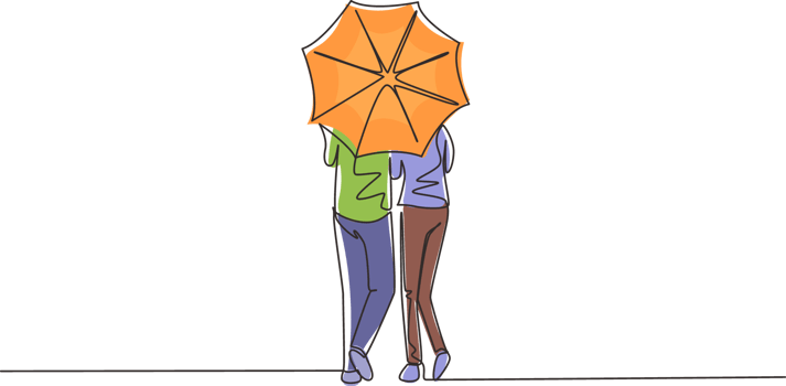 Single one line drawing back view young couple man woman, cute girl and boy walking holding umbrella under rain. Romantic couple at rainy autumn weather. Continuous line draw design graphic png