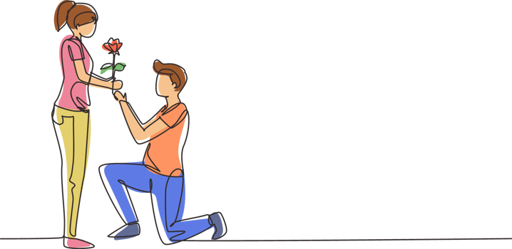 Single one line drawing man on knee gives flowers to woman. Young guy giving to girl rose flower for propose her. Happy romantic couple in love. Continuous line draw design graphic illustration png