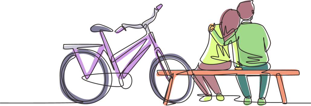 Single continuous line drawing romantic couple chatting while sitting on bench. Happy man woman riding an electric bike. Evening walk by the river. One line draw graphic design illustration png