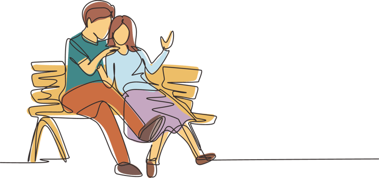 Single continuous line drawing romantic couple on bench in park. Happy man hugging and embracing woman. Couple dating celebrate wedding anniversary. One line draw graphic design illustration png