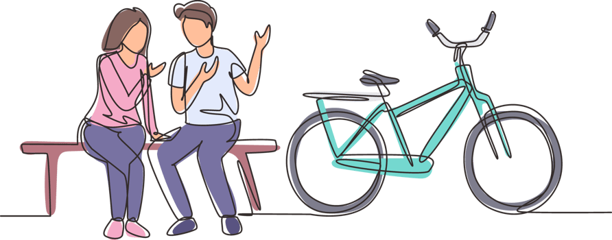 Single continuous line drawing romantic couple chatting while sitting on bench. Romantic teenage couple ride bike. Young man and woman in love. Dynamic one line draw graphic design illustration png
