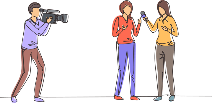 Single one line drawing woman journalist with microphone, interview man in front of camera at tv studio. Reporter, cameraman broadcast breaking news at live stream. Continuous line draw design png