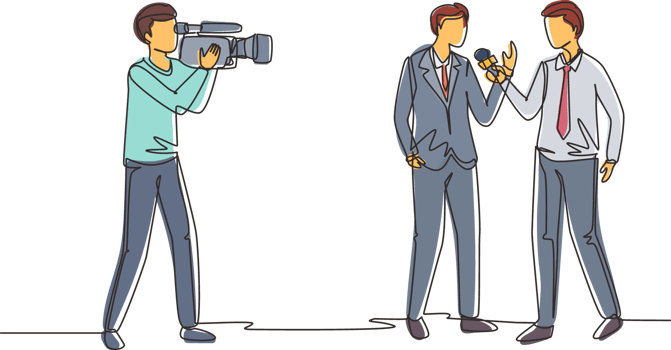 Single one line drawing journalists take interview. TV host or reporter and cameraman questioning man. Broadcasting reportage with cameraman. Continuous line draw design graphic illustration png