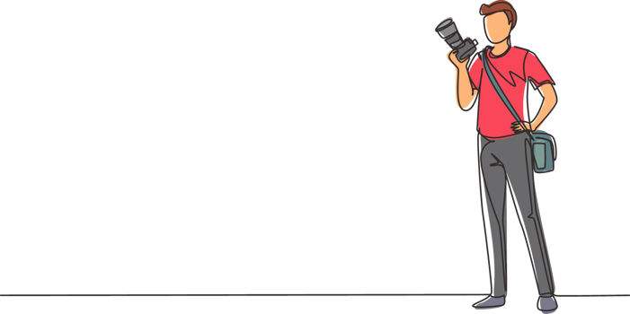 Continuous one line drawing paparazzi and journalist occupation, standing with digital camera and sling bag. Professional photographer taking pictures. Single line draw design illustration png