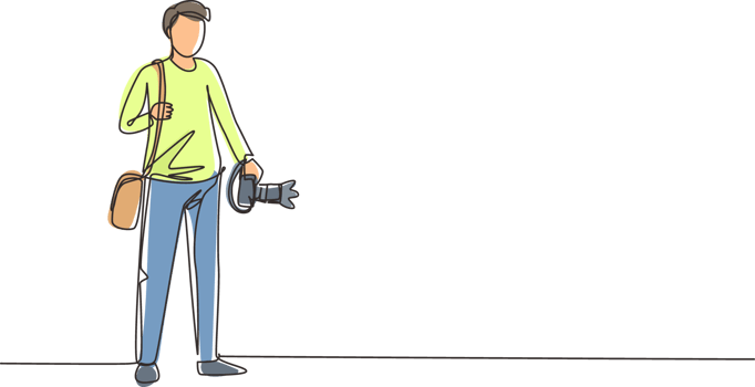 Single continuous line drawing hipster photographer with holding camera in photo studio. Photographer using professional camera in the studio. Dynamic one line draw graphic design illustration png