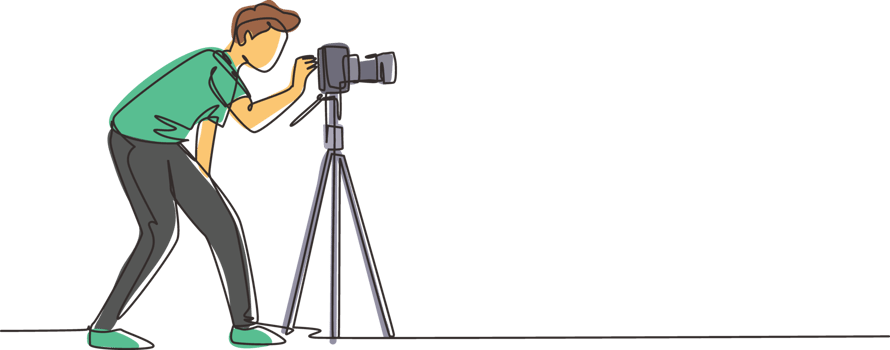 Continuous one line drawing super equipment photographer, Man holding, aiming cameras with standing tripod, Carrying accessories for photographing. Single line draw design graphic illustration png