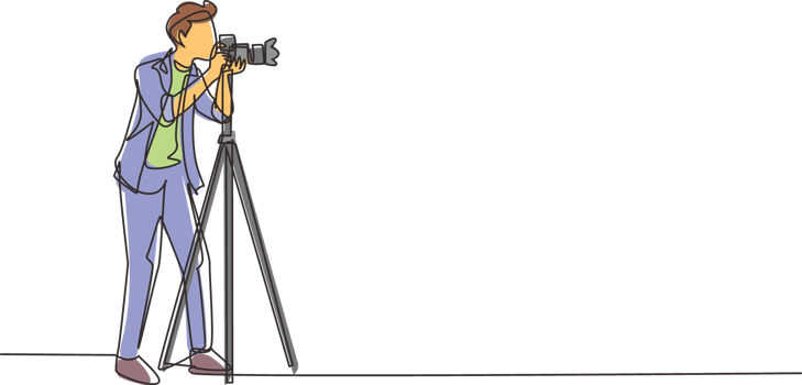 Single continuous line drawing professional photographer with camera pose, male take photo shots, paparazzi, journalist occupation, digital photography hobby. One line draw design illustration png