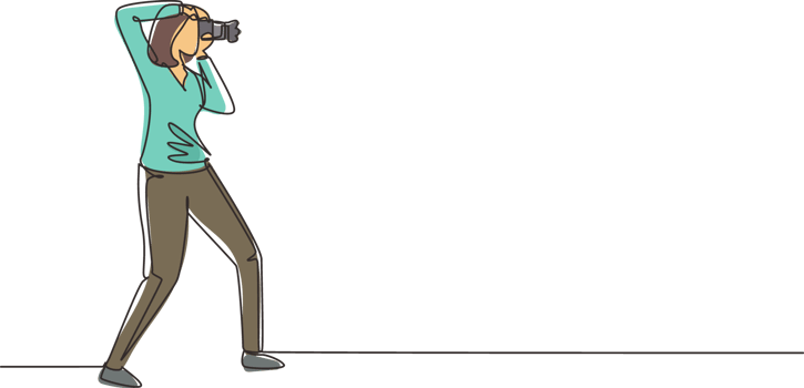 Continuous one line drawing woman photographer aiming target photos, People holding camera, taking photos. Professional female photographer taking pictures. Single line draw design illustration png