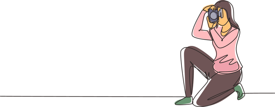 Continuous one line drawing happy photographer is taking photo using dslr camera. Female character standing full length and shooting. Studio photography. Single line draw design illustration png