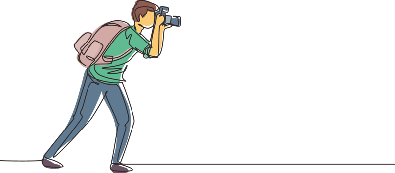 Single one line drawing journalist or reporter with backpack making pictures. Photographers of paparazzi taking photo with digital cameras dslr. Continuous line draw design graphic illustration png