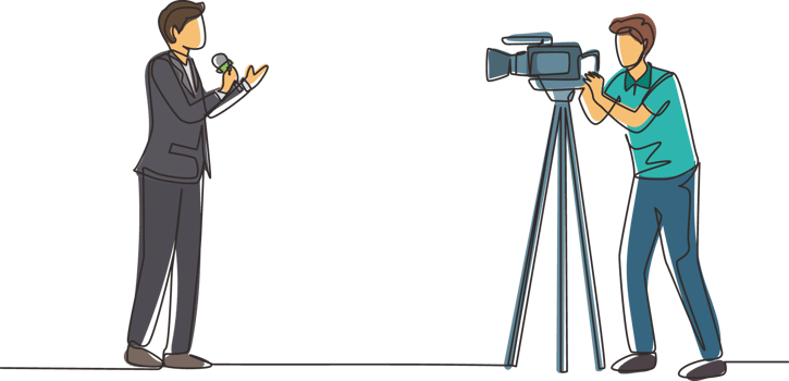 Single one line drawing correspondent or reporter and operator. News reporter performing. Journalists on air. Video cameraman filming news reporter with microphone. Continuous line draw design png