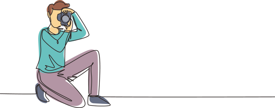 Continuous one line drawing happy photographer is taking photo using dslr camera. Male character standing full length and shooting. Studio photography. Single line draw design illustration png