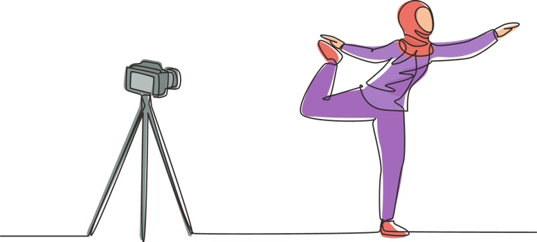 Single continuous line drawing Arab woman blogger in hijab sportswear shoots video on camera doing exercises at home. Fitness vlogger live broadcast of training session. One line draw design png