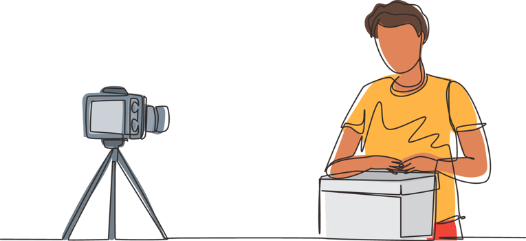 Single continuous line drawing male vlogger unbox and review product live on youtube in studio. Social media influencer recording unboxing video at home. One line draw design illustration png