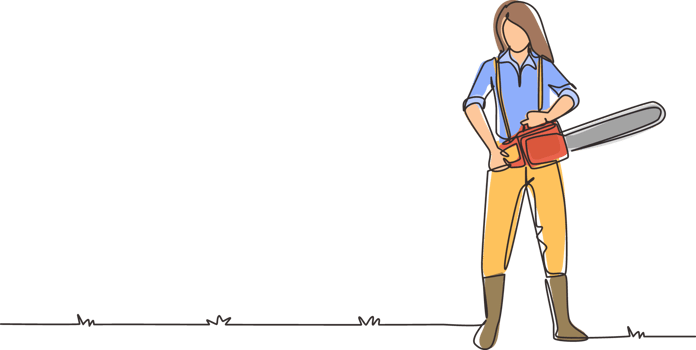 Single continuous line drawing woman lumberjack with workwear and chainsaw. Wearing shirt, jeans, boots. Female woodcutter pose on the logging forest. One line draw graphic design illustration png