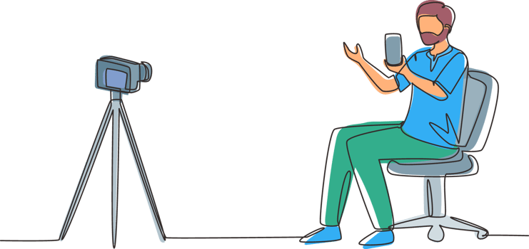 Continuous one line drawing Arab blogger review new smartphone on dslr camera. Live stream broadcast channel. Man holding mobile phone for review product. Single line draw design illustration png