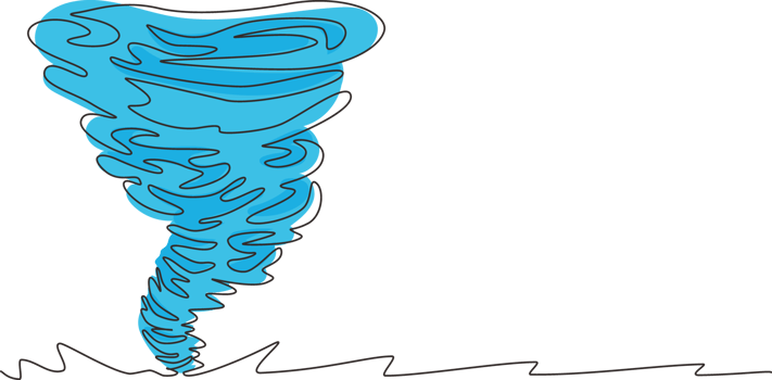 Single continuous line drawing tornado of water. Rotating twister. Splash of water vortex and twisted shape. Whirlpool of water, swirl on white isolated. One line draw design illustration png