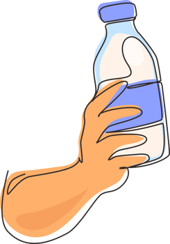 Single continuous line drawing hand holding fresh milk on bottle glass packaging healthy drink product. Fresh milk for health food nutrition. Dynamic one line draw graphic design illustration png