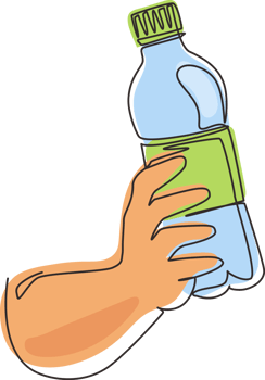 Single continuous line drawing hands holding plastic bottle of pure drinking water refreshing. Human drinking water after run, sport and health care concept. One line draw design illustration png