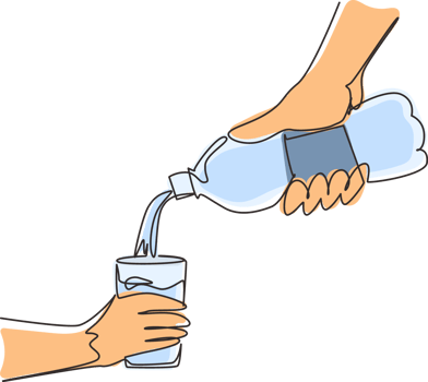 Single one line drawing hand holding plastic bottle of water, pouring water into glass. Cool mineral natural drink. Glass and bottle holding in hand. Continuous line draw design illustration png