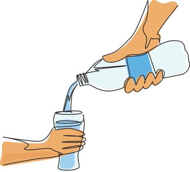 Continuous one line drawing human is picking up glass of water from plastic bottle. Cool mineral natural drink. Glass and bottle holding in hand. Single line draw design graphic illustration png