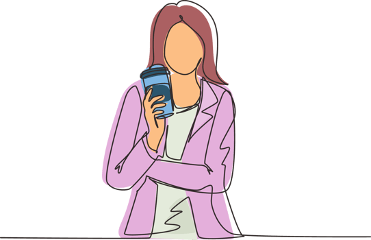 Continuous one line drawing beautiful young woman holding paper cup of hot coffee on street city. Enjoys leisure time, dressed in stylish clothes. Single line draw design graphic illustration png