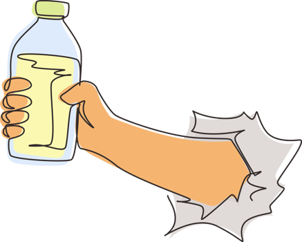 Single one line drawing hand holding fresh milk on bottle glass packaging healthy drink product through torn white paper. Fresh milk for health food. Continuous line draw design illustration png