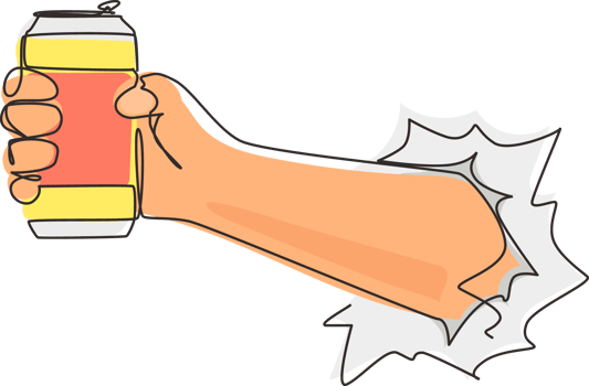 Single one line drawing hand holding aluminum can drink through torn white paper without label. Beverages in metal container. Refreshing drink for people. Continuous line draw design graphic png