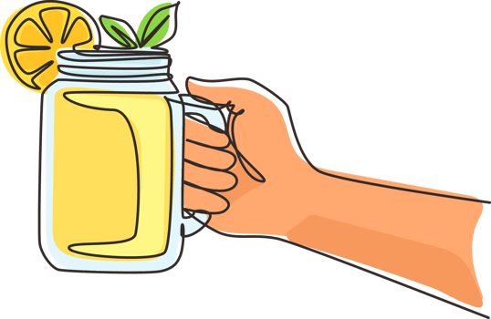 Continuous one line drawing hand holding delicious yellow lemonade mug with ice and fresh mint. Summer healthy fruit drink. Healthy lemon drink with mint. Single line draw design illustration png
