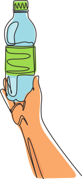 Single continuous line drawing man squeezes in his hand an empty plastic bottle on white background. Plastic problem and failure or disposal and recycling. One line draw design illustration png