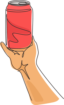 Single continuous line drawing hand holds a wet aluminum can. Realistic soda cans without labels on white background. Mock up template concept. Dynamic one line draw graphic design illustration png