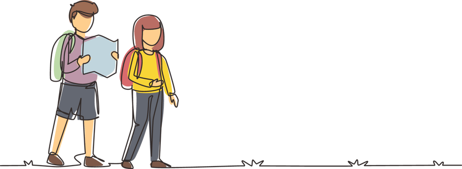 Single one line drawing little boy and girl goes camping in nature. Kids holding map, hiking, backpacks, maps, mats, compass. Family leisure concept. Modern continuous line draw design graphic png